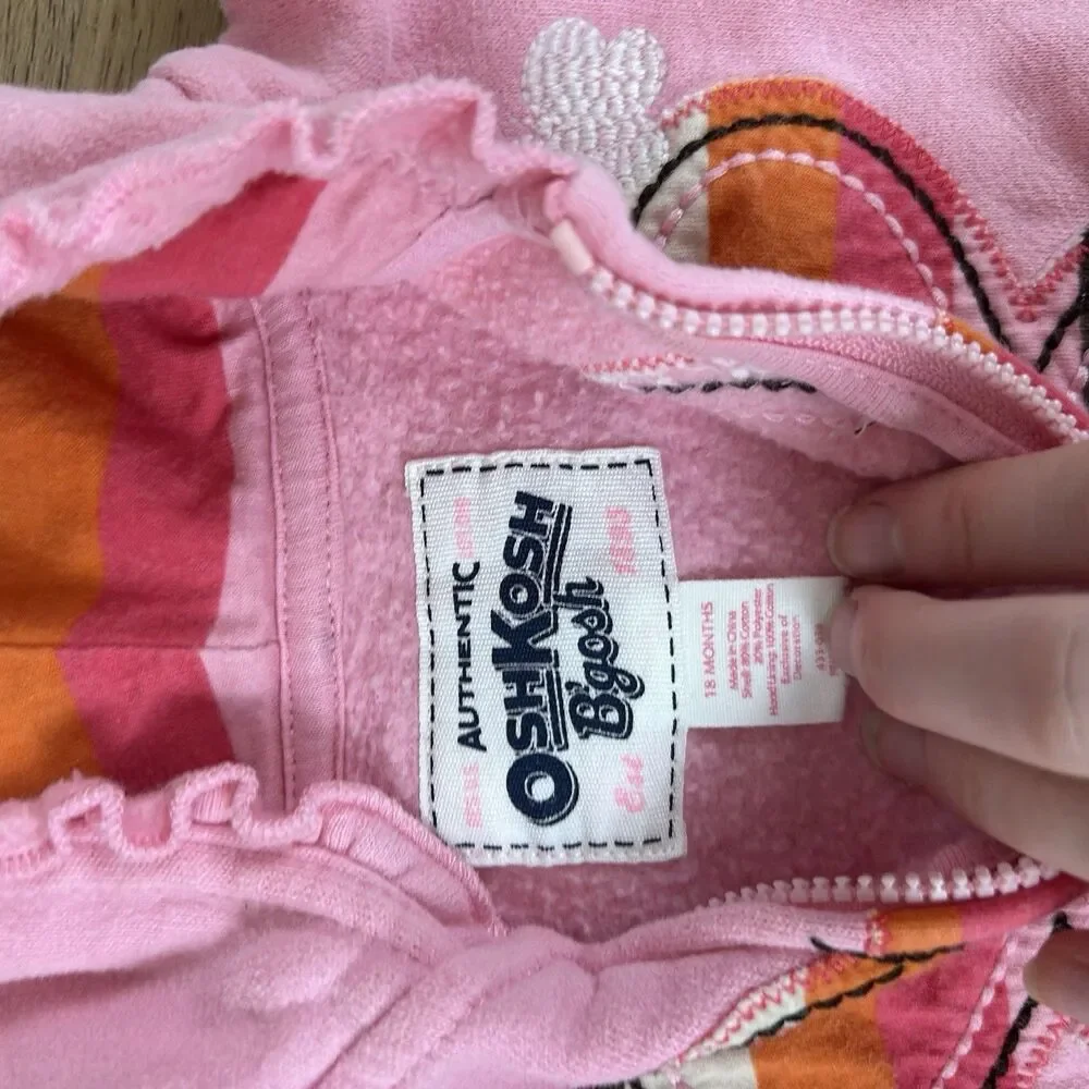 Vintage OshKosh Girls 18M Hoodie Zip Jacket Pink Butterfly Embroidery Baby